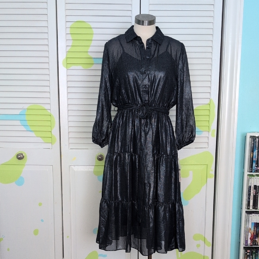 NWT, Nanette Leppre, Eegant Blue Metallic Midi Dress, Ruffles, Sheer, Size 8